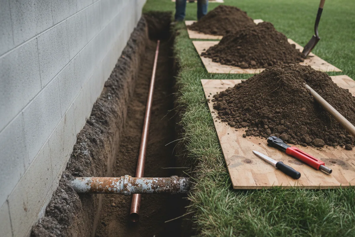 Excavated water line trench during Sewer Line Repair in Clive